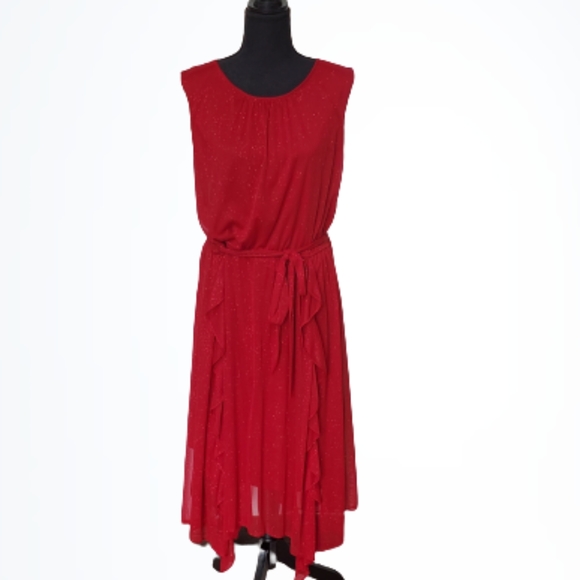 RED SLEEVELESS GLITTER COCKTAIL MIDI DRESS ( SIZE 14 ) - Picture 3 of 6